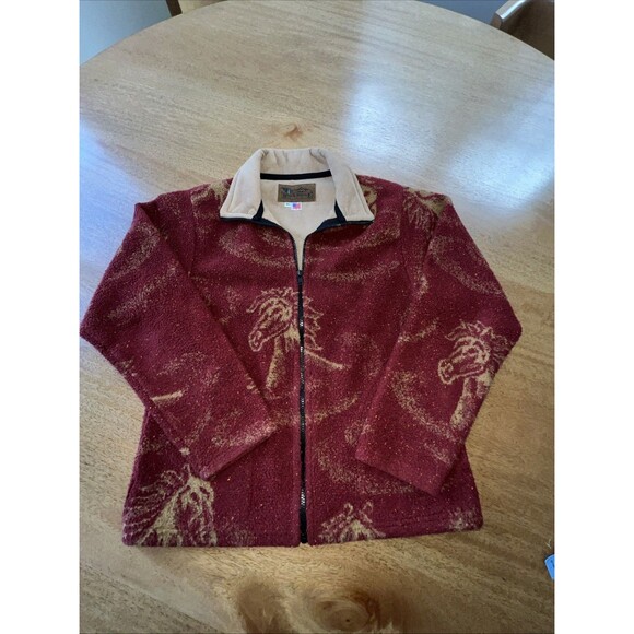 Bear Ridge Outfitters Jackets & Blazers - Bear Ridge Outfitters Red Fleece Blanket Jacket Horse Pattern Made In USA Size M